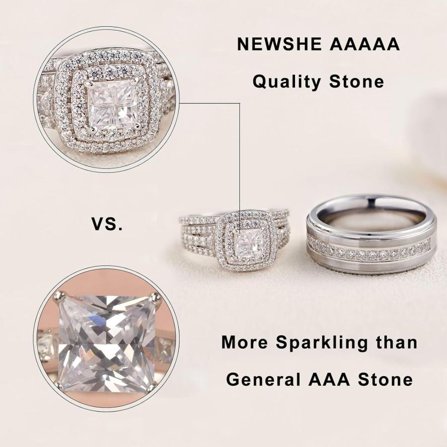 【並行輸入品】Newshe 結婚指輪セット 彼と彼女 レディース メンズ タングステンバンド プリンセス キュービックジルコニア 2.3カラット スタ |  | 02