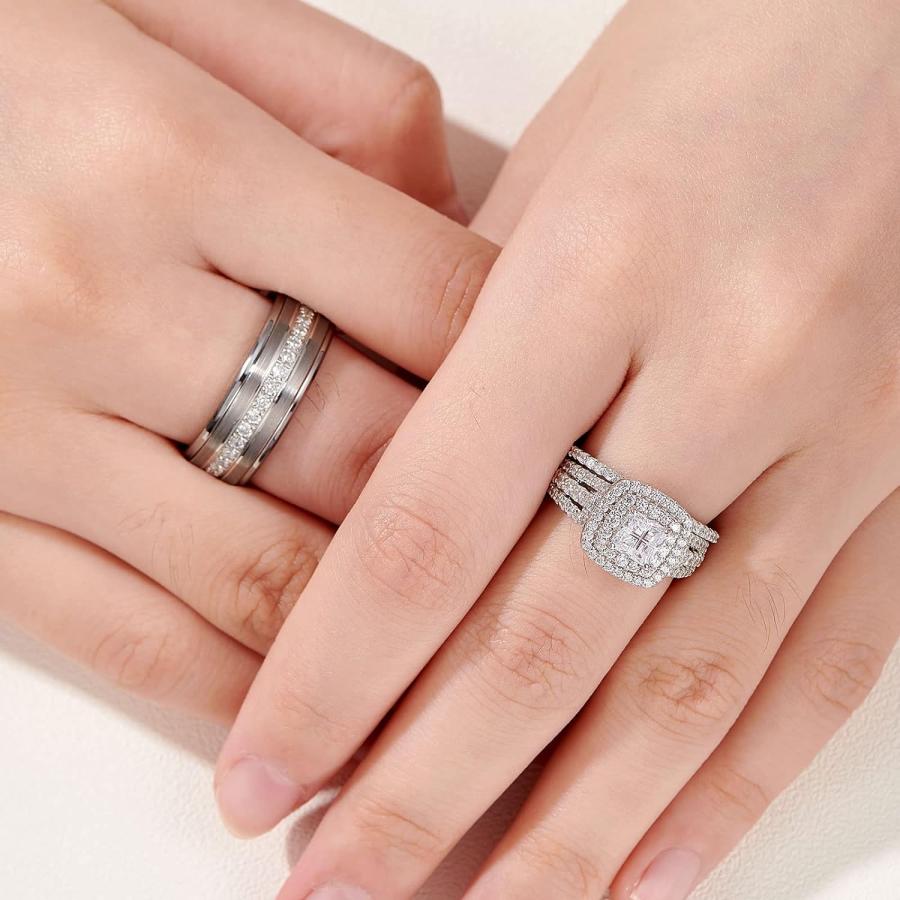 【並行輸入品】Newshe 結婚指輪セット 彼と彼女 レディース メンズ タングステンバンド プリンセス キュービックジルコニア 2.3カラット スタ |  | 03