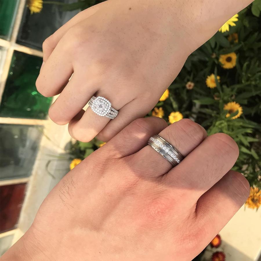 【並行輸入品】Newshe 結婚指輪セット 彼と彼女 レディース メンズ タングステンバンド プリンセス キュービックジルコニア 2.3カラット スタ |  | 04