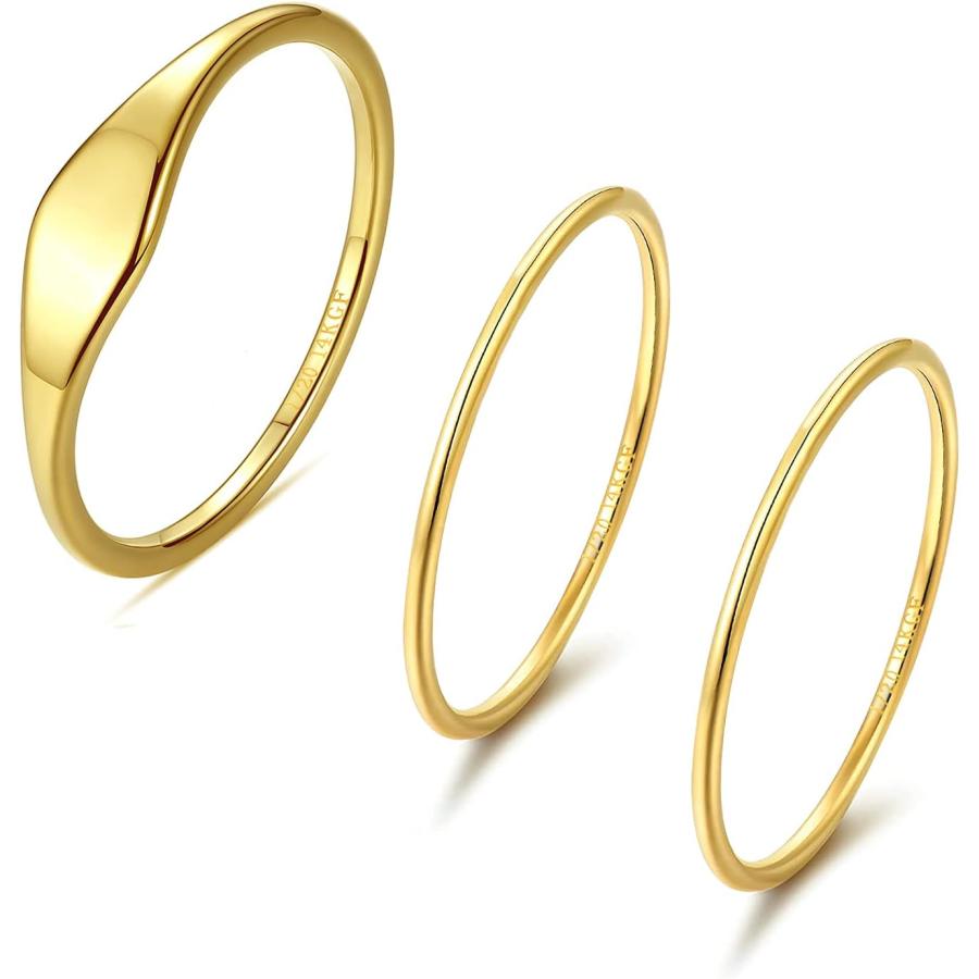 3ピース 14K ゴールドフィルド スタッキングリングセット 2mm アーク スリム シグネットリング 1.2mm 薄型 ラウンド プレーン