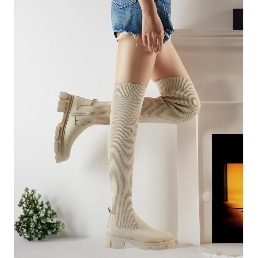 【超お買い得！】 Shoe´N Tale Thigh High Knit Sock Boots Round Toe Mid Chunky Heel Stretch Over the Knee Boots for Women(7 A-Beige)　並行輸入品