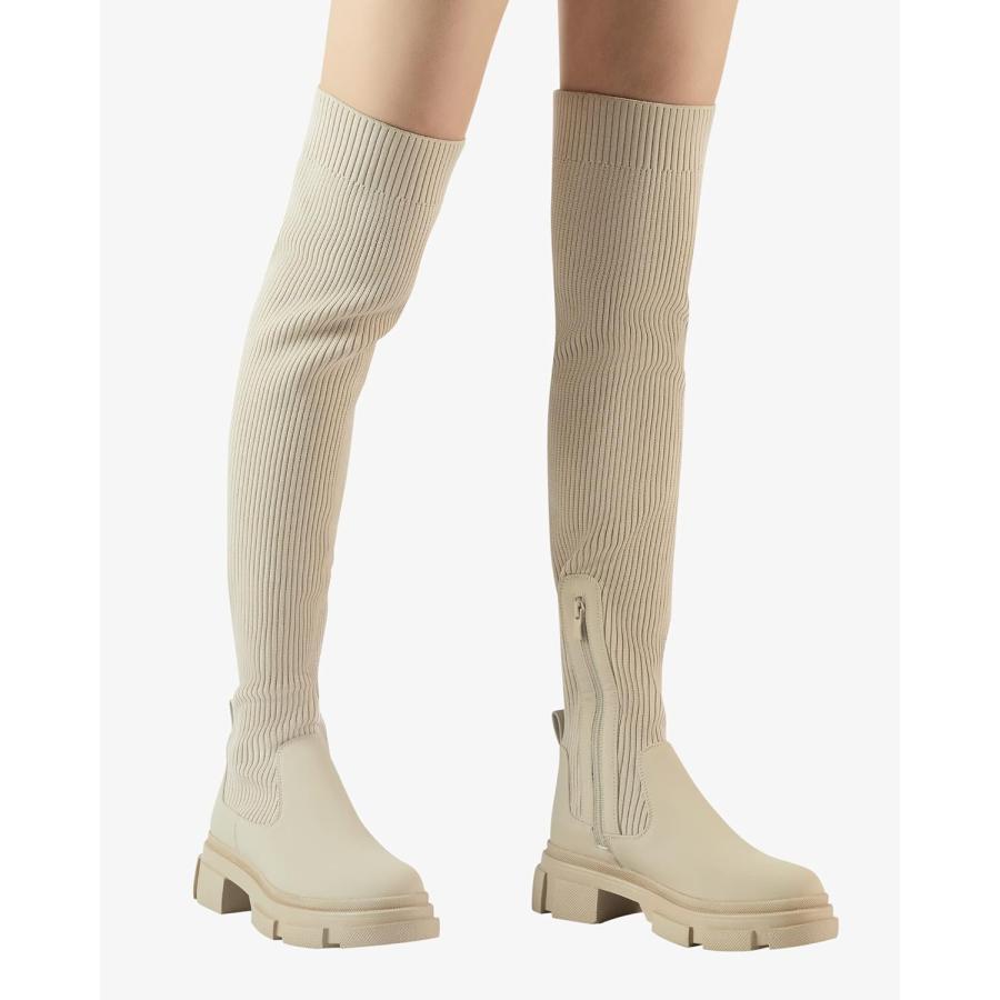 【超お買い得！】 Shoe´N Tale Thigh High Knit Sock Boots Round Toe Mid Chunky Heel Stretch Over the Knee Boots for Women(7 A-Beige)　並行輸入品