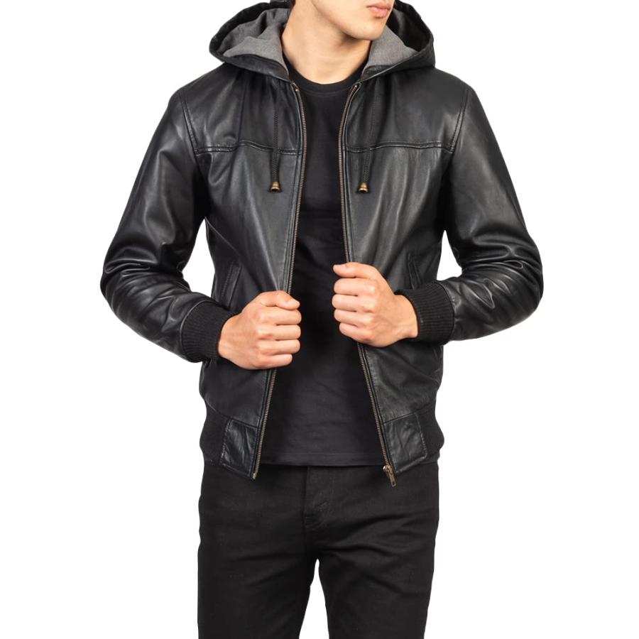並行輸入品】Mens Genuine Black Hooded Bomber Leather Jacket | Real