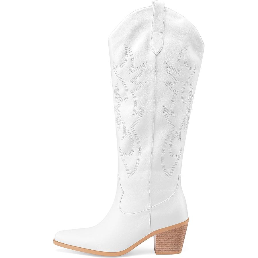 新品在庫あり Oh Mispares Women´s Western Knee-High Cowboy Boots Embroidered White Leather Pull-on Wide Calf Pointed Toe Block Heel Cowgirl Boots(White 8)