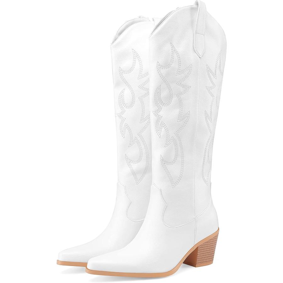 新品在庫あり Oh Mispares Women´s Western Knee-High Cowboy Boots Embroidered White Leather Pull-on Wide Calf Pointed Toe Block Heel Cowgirl Boots(White 8)