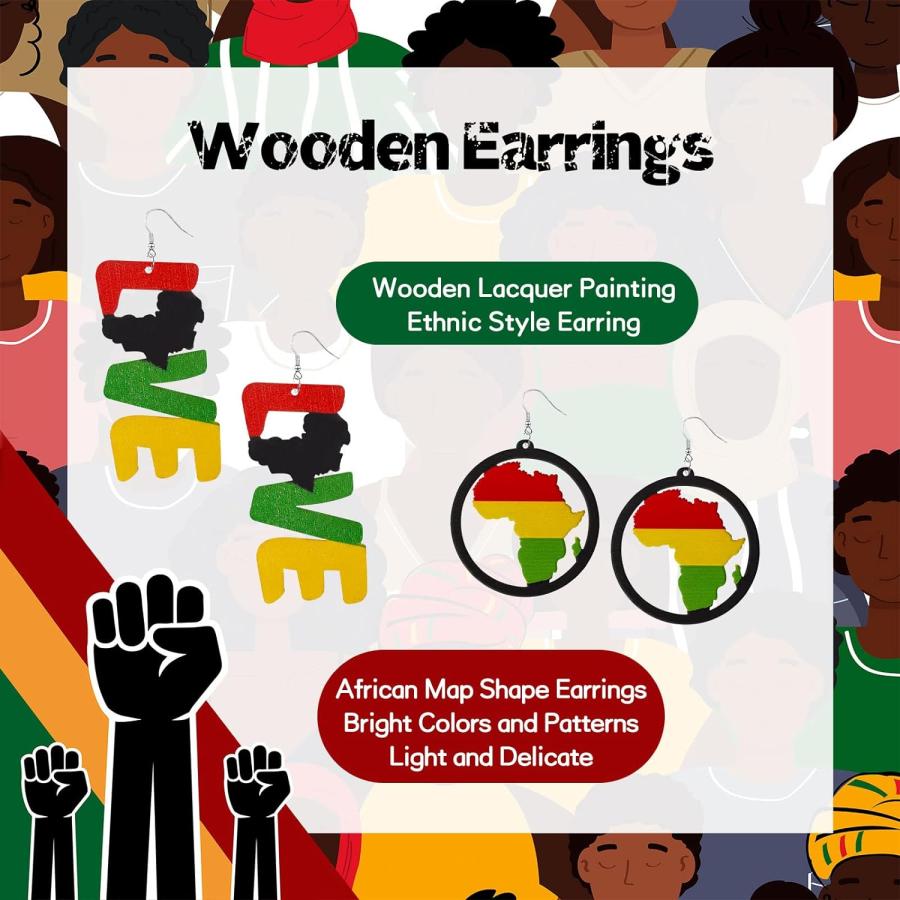 【並行輸入品】Estune 32組 Juneteenth アフリカンイヤリング アフリカ地図 レディースイヤリング エスニックダングル木製イヤリング |  | 01