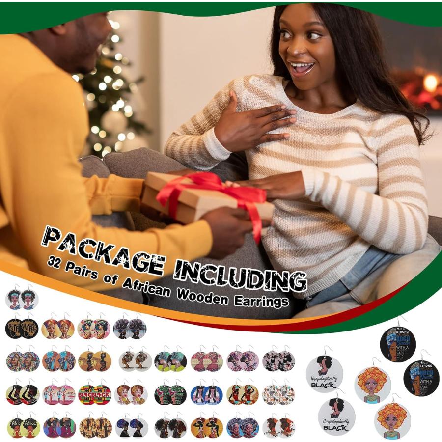【並行輸入品】Estune 32組 Juneteenth アフリカンイヤリング アフリカ地図 レディースイヤリング エスニックダングル木製イヤリング |  | 02
