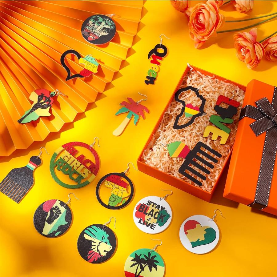 【並行輸入品】Estune 32組 Juneteenth アフリカンイヤリング アフリカ地図 レディースイヤリング エスニックダングル木製イヤリング |  | 03