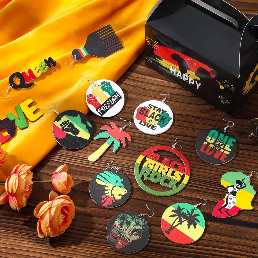 【並行輸入品】Estune 32組 Juneteenth アフリカンイヤリング アフリカ地図 レディースイヤリング エスニックダングル木製イヤリング |  | 04