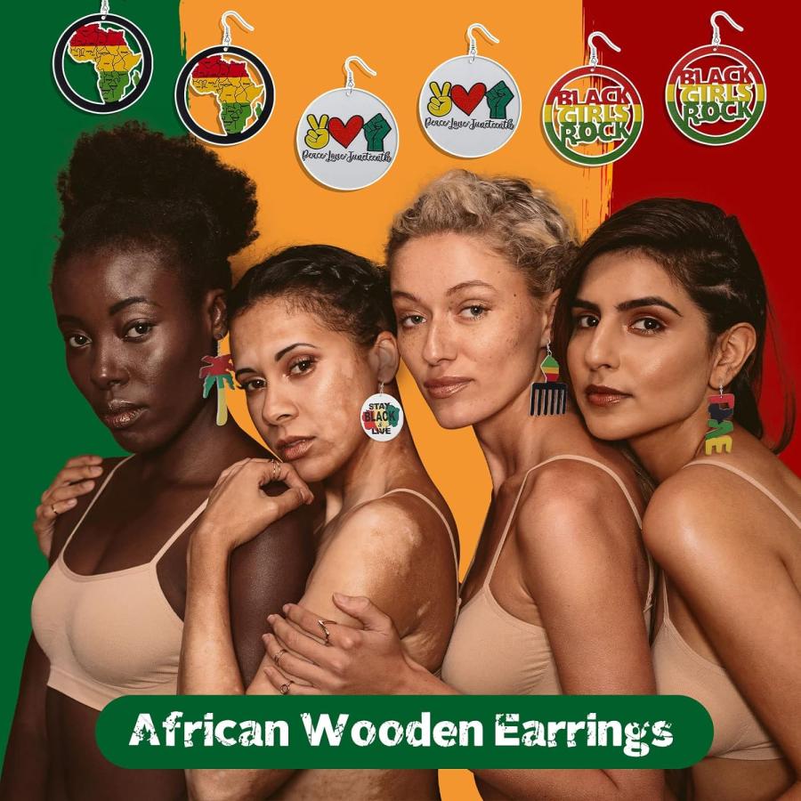 【並行輸入品】Estune 32組 Juneteenth アフリカンイヤリング アフリカ地図 レディースイヤリング エスニックダングル木製イヤリング |  | 06