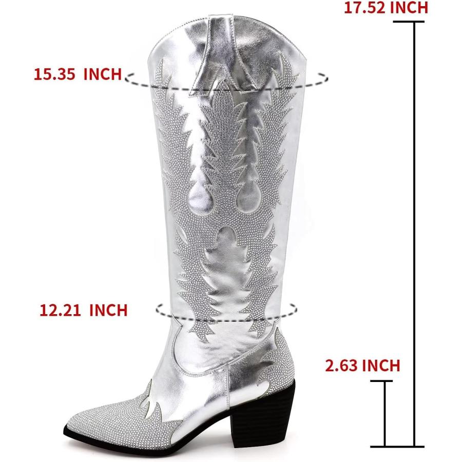 【まとめ買い】 ITOZER Rhinestone Cowboy Boots Sparkly Embroidered Knee High Pointed Toe Chunky Heel Silver Western Boots for women　並行輸入品