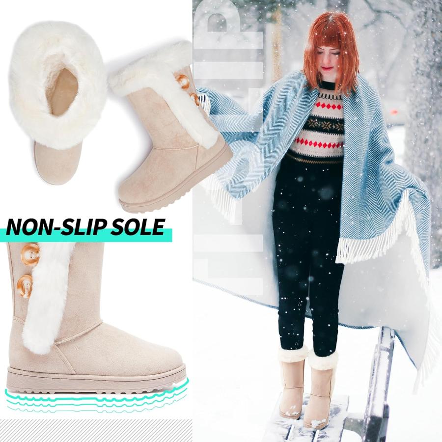 【並行輸入品】ALTOCIS レディース ファー裏地 冬用スノーブーツ ショート ミッドカーフ ファッションブーツ アート樹脂ボタン フェイクスエード |  | 04