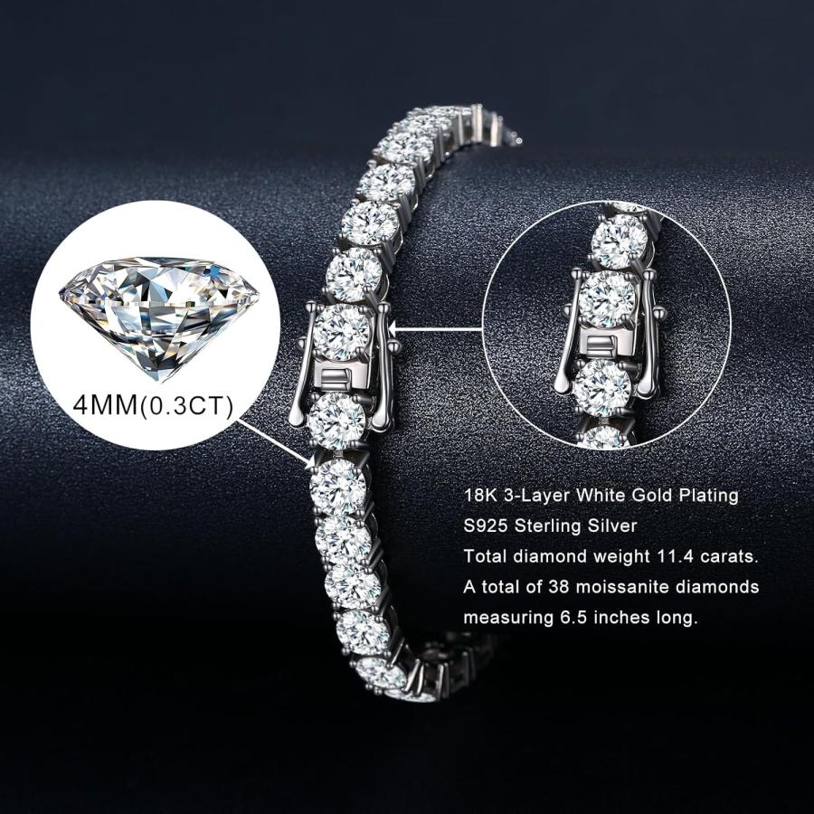 【並行輸入品】モアッサナイト テニスブレスレット レディース 18K ホワイトゴールドメッキ 925スターリングシルバー メンズブレスレット 4mm |  | 04