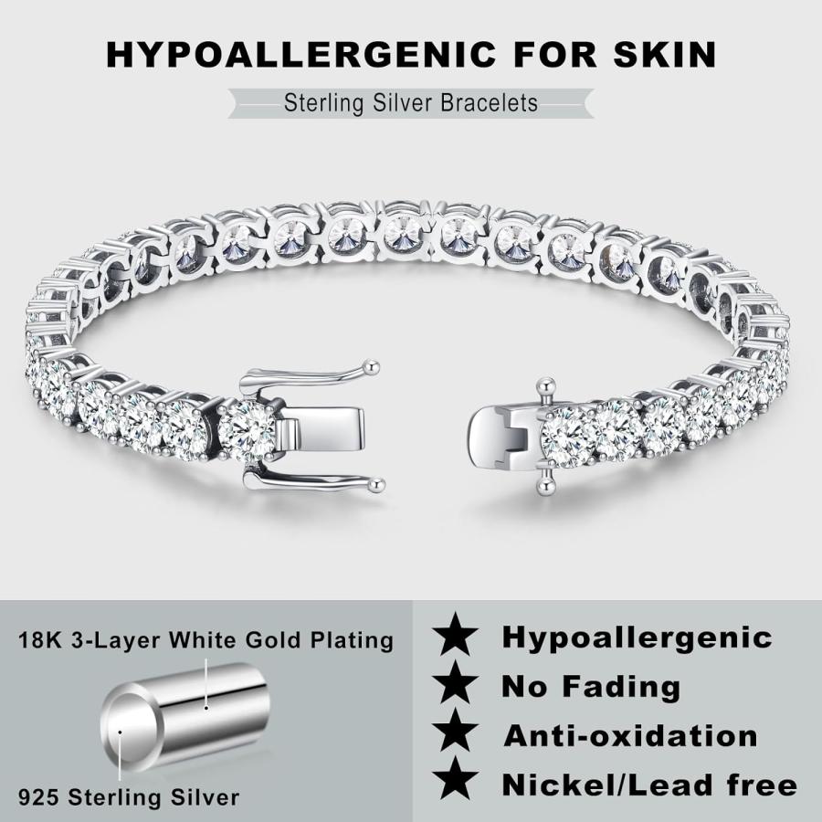 【並行輸入品】モアッサナイト テニスブレスレット レディース 18K ホワイトゴールドメッキ 925スターリングシルバー メンズブレスレット 4mm |  | 05