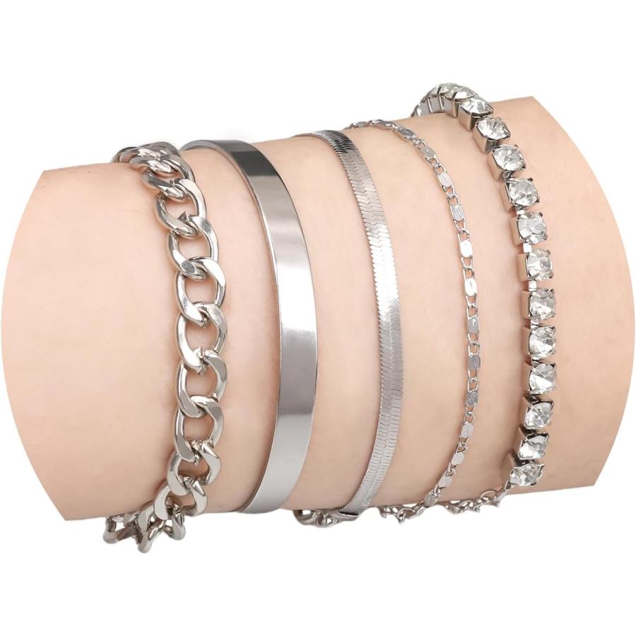 【並行輸入品】レディース シルバーバングルブレスレット5点セット 積み重ね可能 可憐なブレスレット マルチエレメント ウォータードリルセット ブレスレ | 