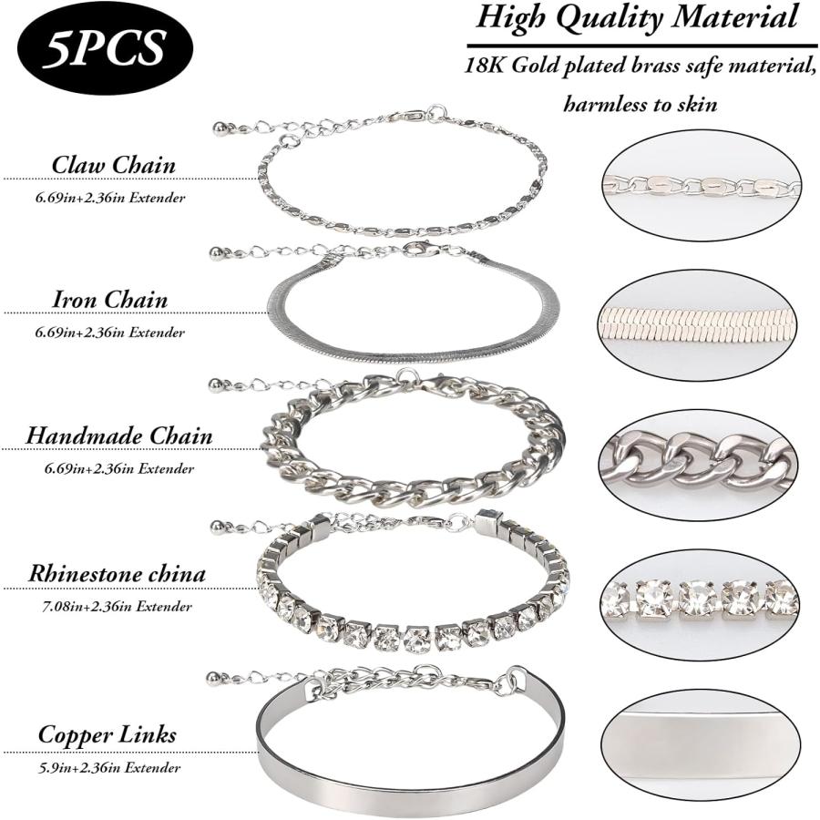 【並行輸入品】レディース シルバーバングルブレスレット5点セット 積み重ね可能 可憐なブレスレット マルチエレメント ウォータードリルセット ブレスレ |  | 01