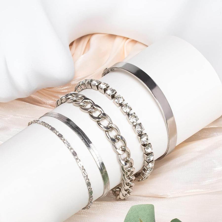 【並行輸入品】レディース シルバーバングルブレスレット5点セット 積み重ね可能 可憐なブレスレット マルチエレメント ウォータードリルセット ブレスレ |  | 02