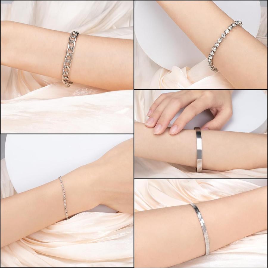 【並行輸入品】レディース シルバーバングルブレスレット5点セット 積み重ね可能 可憐なブレスレット マルチエレメント ウォータードリルセット ブレスレ |  | 03