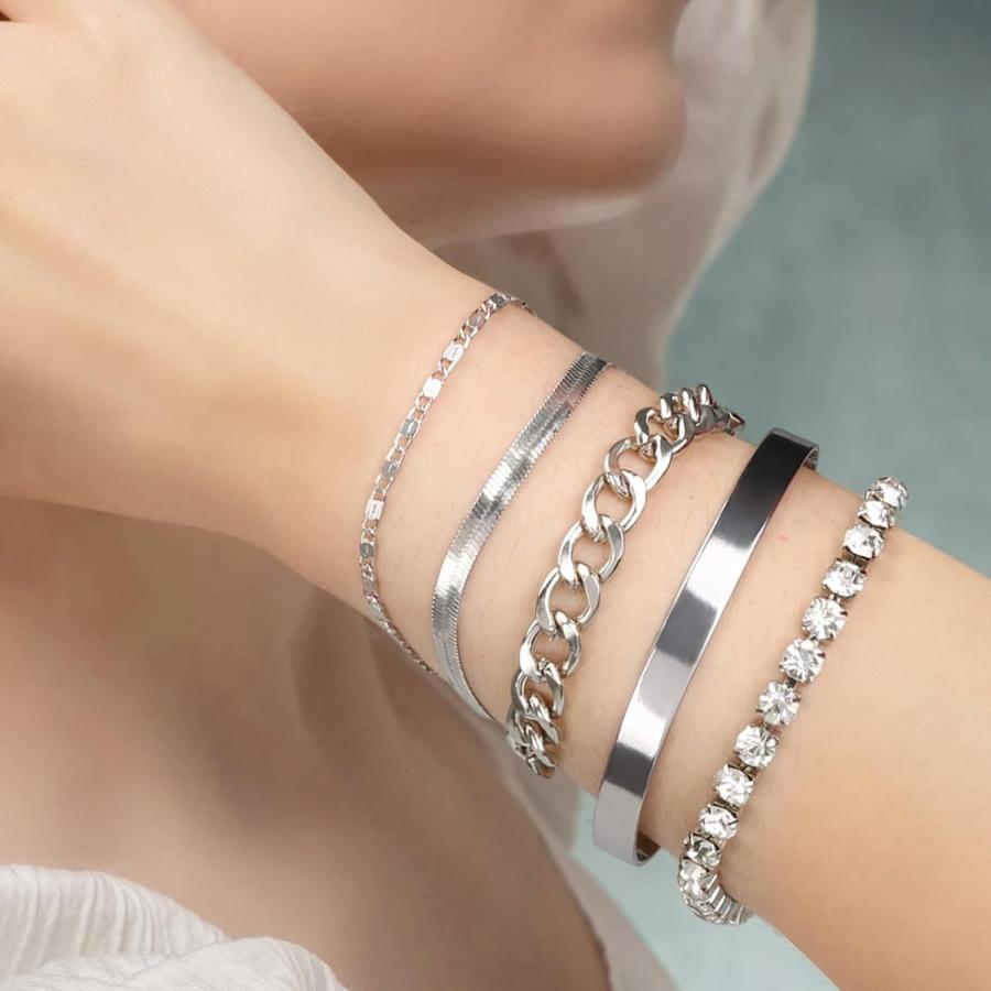 【並行輸入品】レディース シルバーバングルブレスレット5点セット 積み重ね可能 可憐なブレスレット マルチエレメント ウォータードリルセット ブレスレ |  | 04