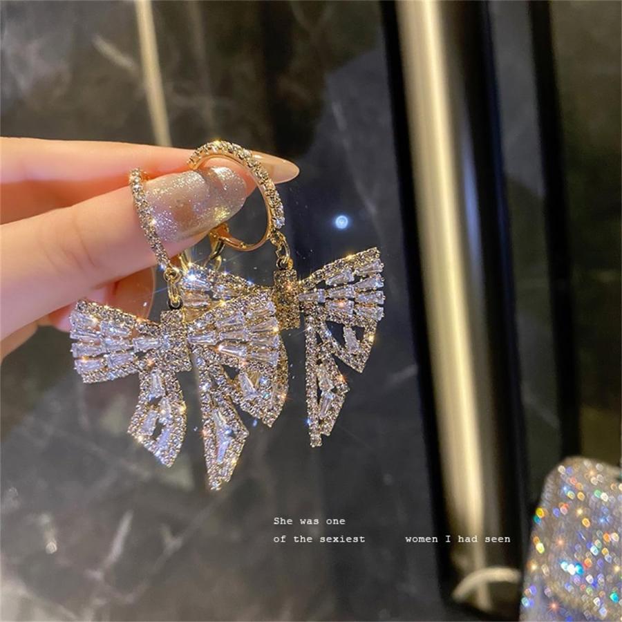 【並行輸入品】WASAIE 蝶結び フープ ダングリングイヤリング レディース クリスタルラインストーン バタフライリボン キュービックジルコニア ド |  | 01