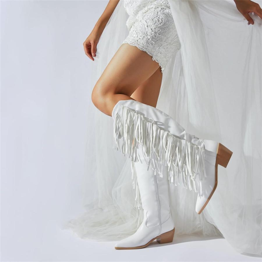 Elbslutt Women's Fringe Cowboy Boots Chunky Heel Knee High Pointed Toe Cowgirl Western Boots Side Zip Tassel Boots  size 9  White　並行輸入品｜fusion-f｜07