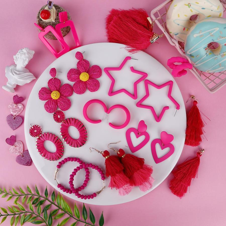 Cosmisun ピンクイヤリング 12個 - ホットピンクイヤリング レディース ダングルイヤリングセット ギフト アクリル 宝石なし　並行輸入品