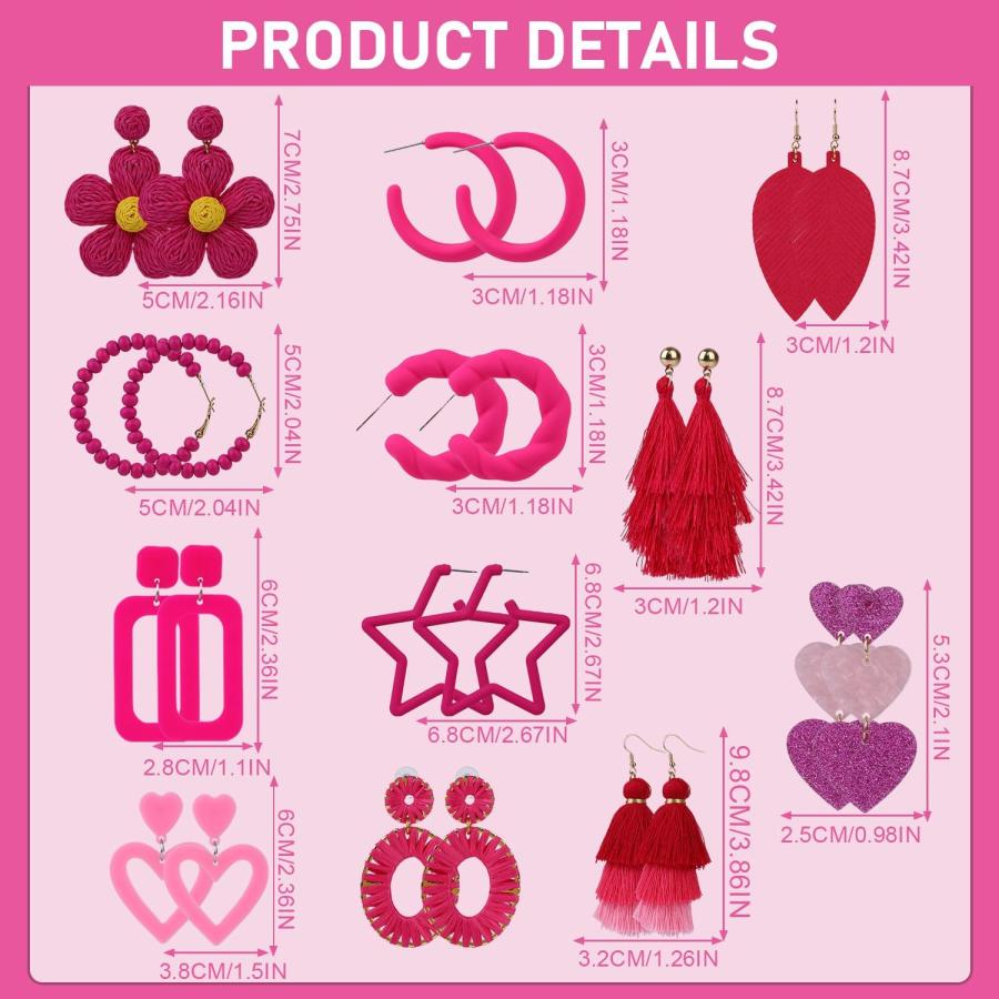 Cosmisun ピンクイヤリング 12個 - ホットピンクイヤリング レディース ダングルイヤリングセット ギフト アクリル 宝石なし　並行輸入品