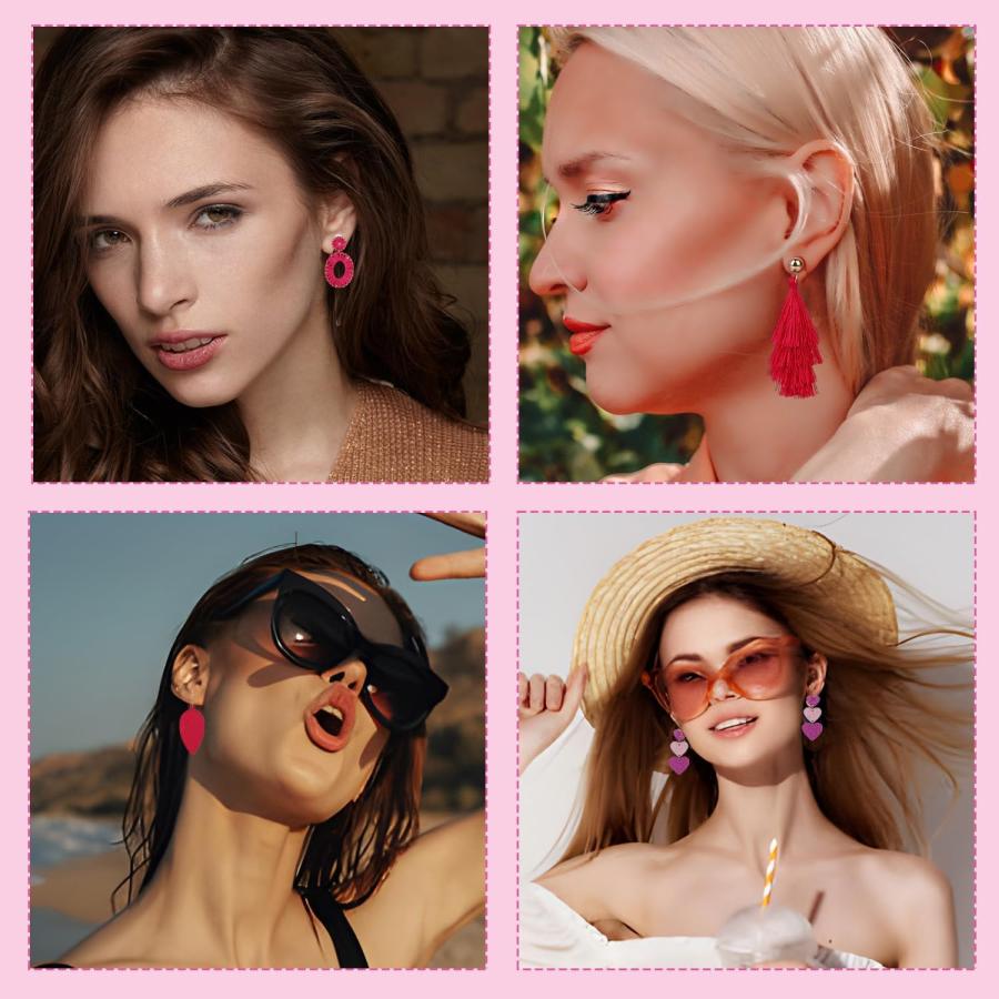 Cosmisun ピンクイヤリング 12個 - ホットピンクイヤリング レディース ダングルイヤリングセット ギフト アクリル 宝石なし　並行輸入品