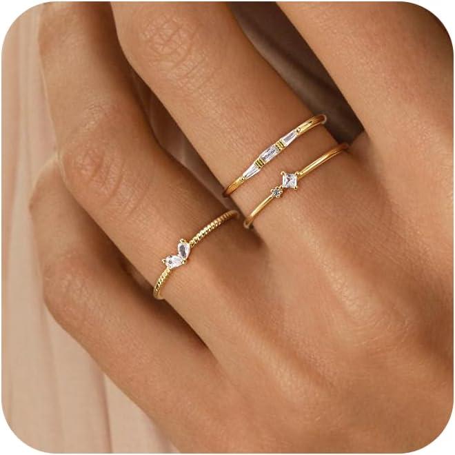 Moodear レディース スタッカブルゴールドリング 3点セット 14K 