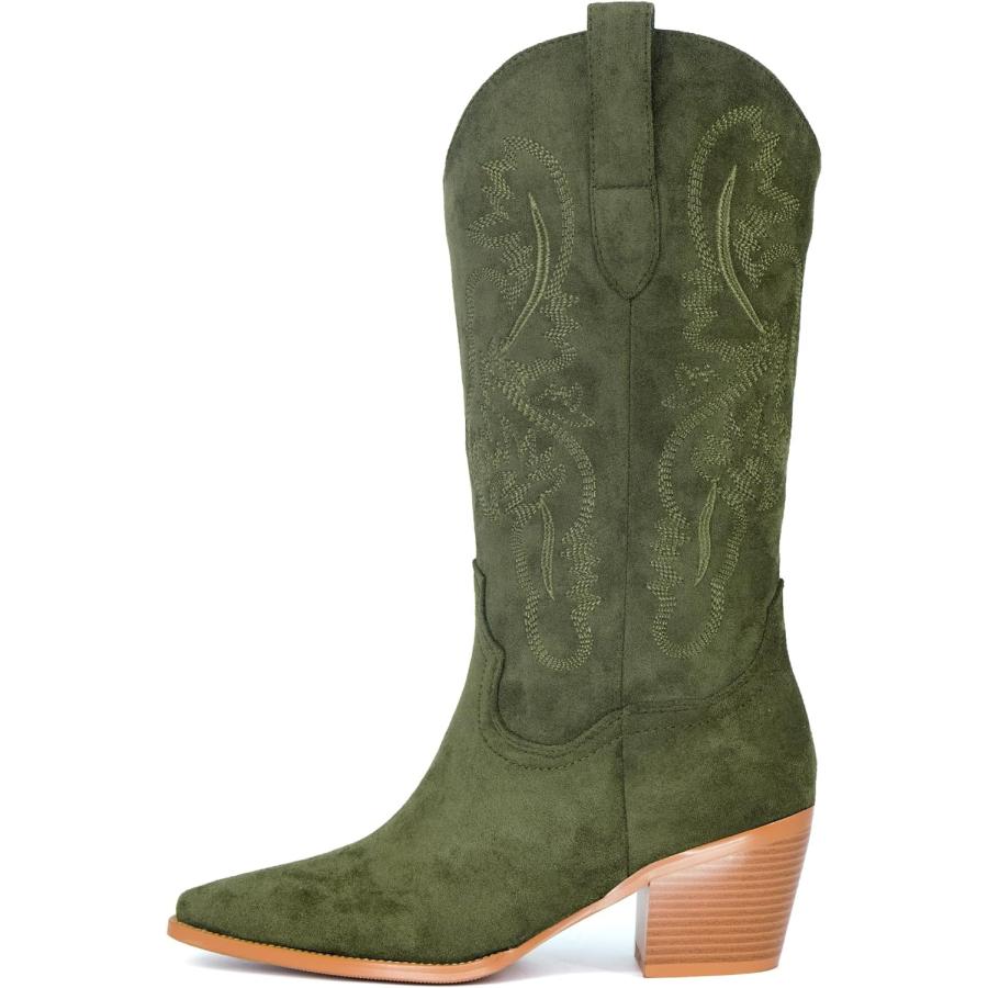 iiimmu Western Boots Women Mid Calf Boots Pointed Toe and Chunky Low Heel Boots Cowboy Suede Boots with Embroidered  Green  Size 12　並行輸入品｜fusion-f｜03