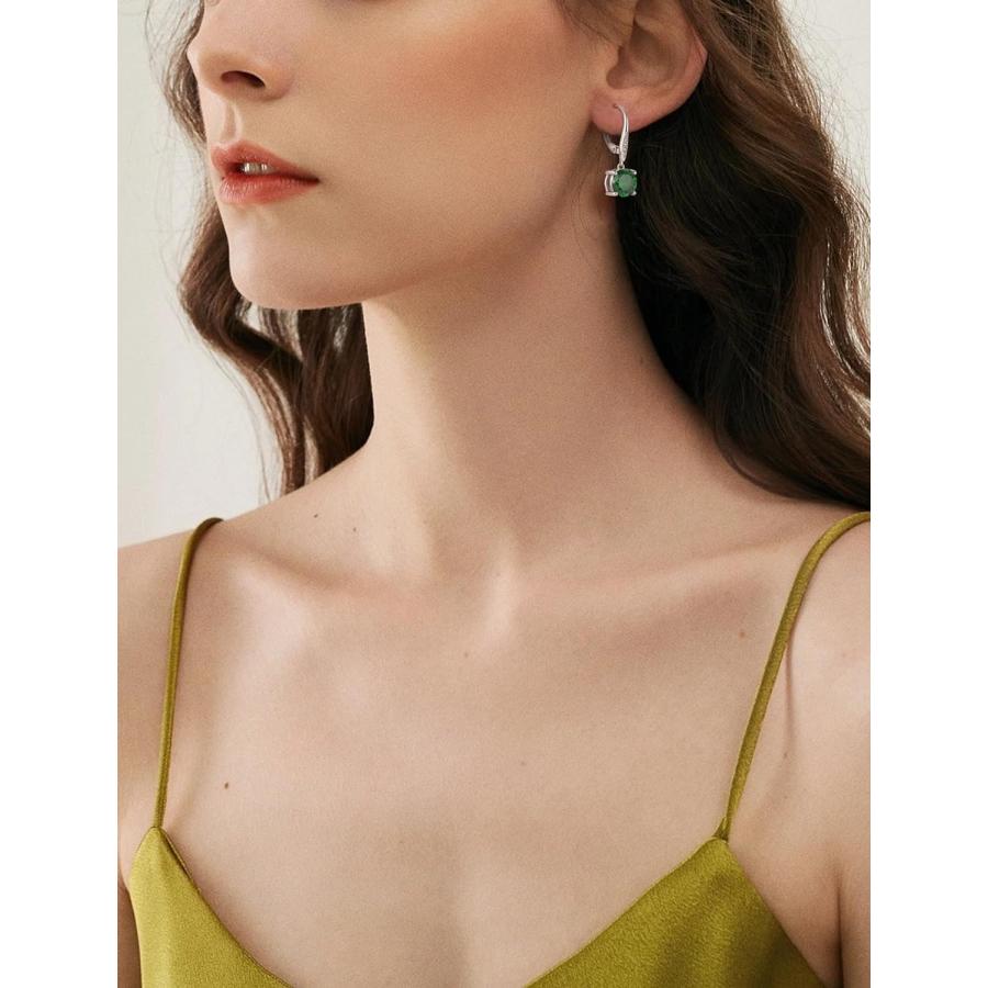 YL 8mm ソリティア ダングル ドロップ イヤリング スターリングシルバー レバーバック イヤリング 誕生石ジュエリー 金属 エメラルド　並行輸入品