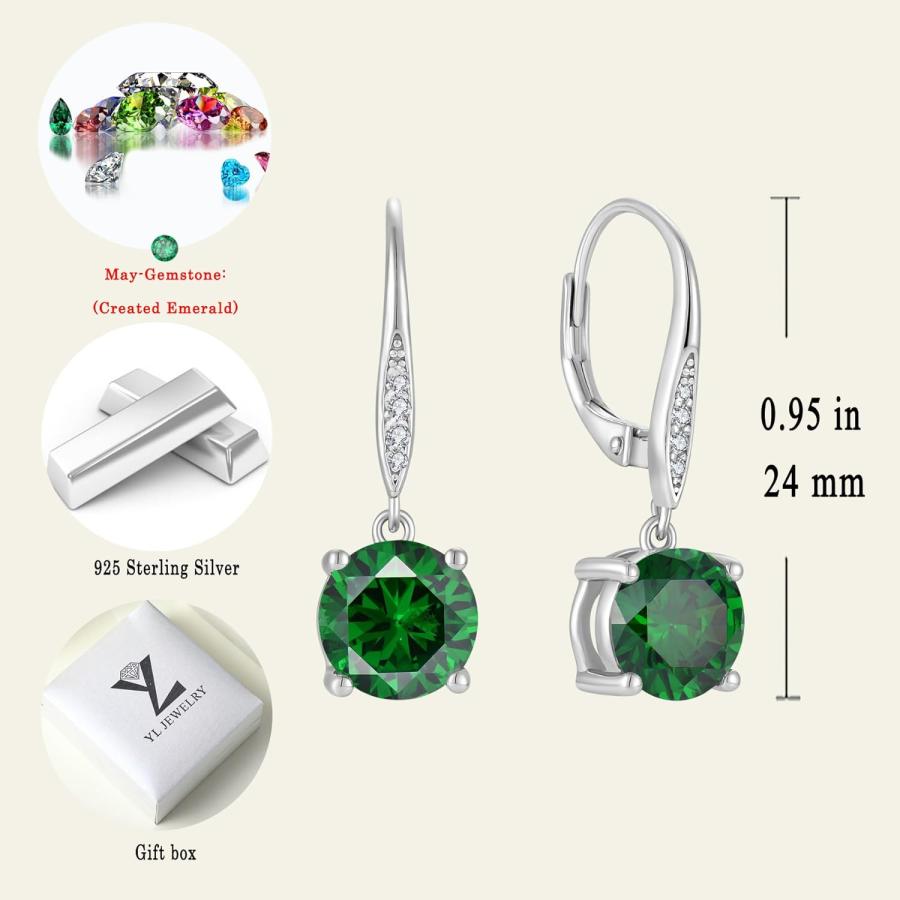 YL 8mm ソリティア ダングル ドロップ イヤリング スターリングシルバー レバーバック イヤリング 誕生石ジュエリー 金属 エメラルド　並行輸入品