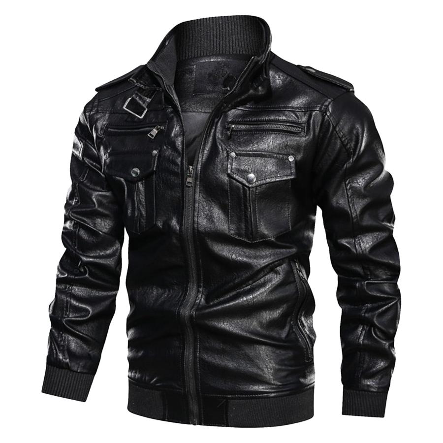 並行輸入品】SWJGLITTR Men's Motorcycle Casual Leather Jacket Stand