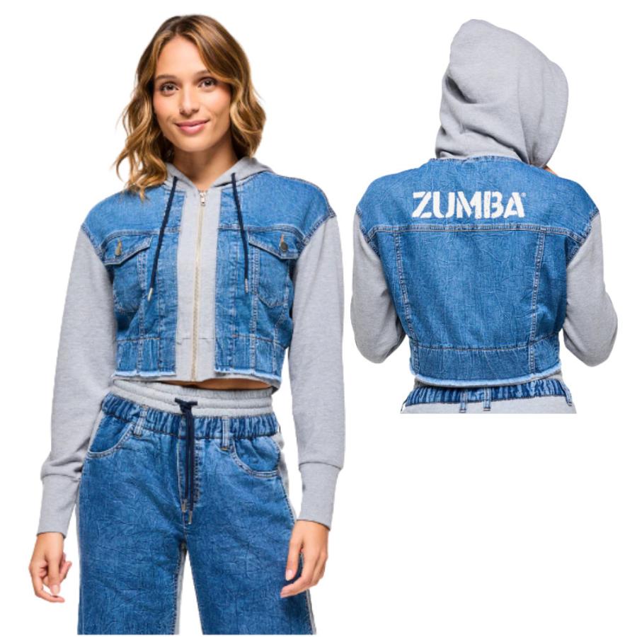 正規品 新品未使用 ZUMBAウェア デニム フーディ パーカー クロップド M ズンバ（ZUMBA） ロゴ クロップ丈 ジップアップ フーディー 取り寄せ