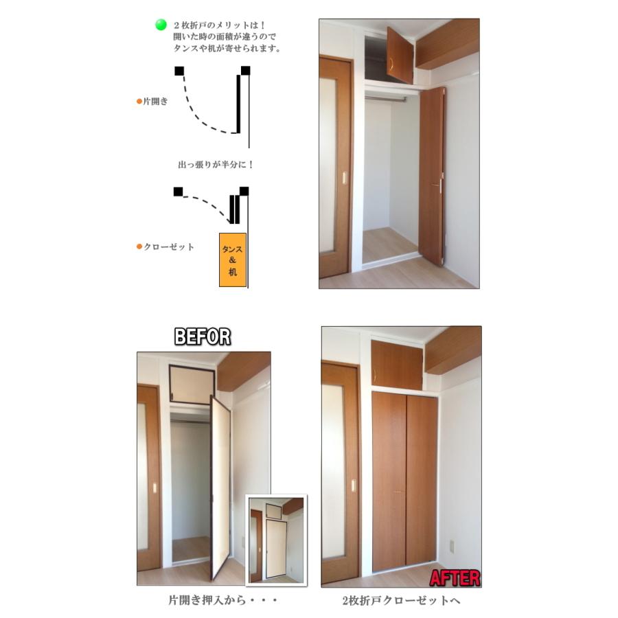 2枚折戸上部レールクローゼット PG洋室建具 高さ：1821〜2100mm 幅：900mm以下のオーダー商品 片開きふすまの変わりに！押入れ  クローゼット