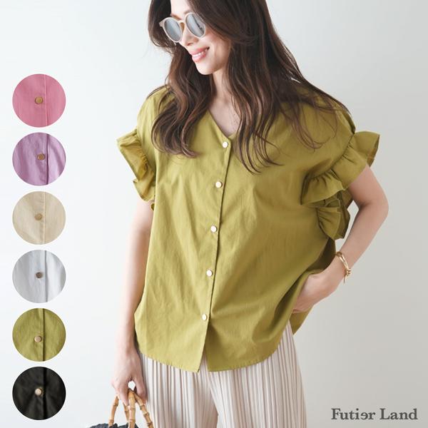フリル ラッフルスリーブ ブラウス シャツ 金ボタン Vネック オフィスカジュアル 通勤 体系カバー 韓国 ファッション フリル袖ｖネックブラウス フューティアランド 通販 Yahoo ショッピング