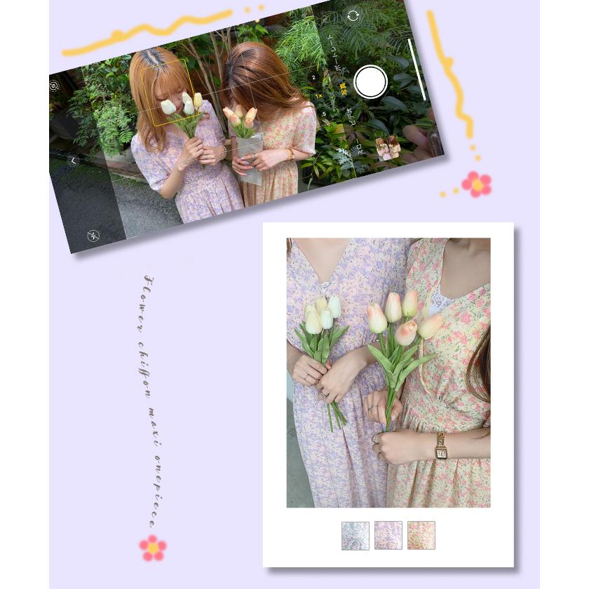 ワンピース ロングワンピース 花柄 フラワー Vネック 半袖 カシュクール フレアワンピース 韓国 ファッション / フラワーシフォンマキシワンピース|futier-land|02