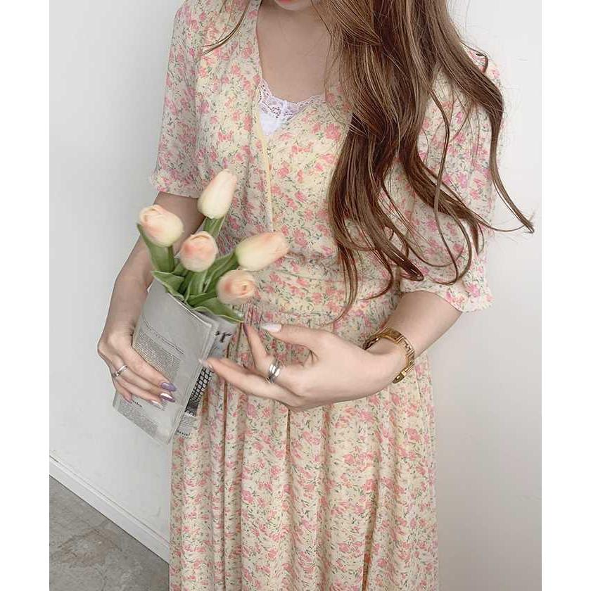 ワンピース ロングワンピース 花柄 フラワー Vネック 半袖 カシュクール フレアワンピース 韓国 ファッション / フラワーシフォンマキシワンピース|futier-land|15