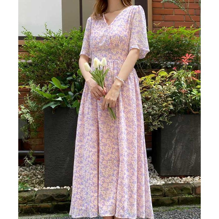 ワンピース ロングワンピース 花柄 フラワー Vネック 半袖 カシュクール フレアワンピース 韓国 ファッション / フラワーシフォンマキシワンピース|futier-land|19