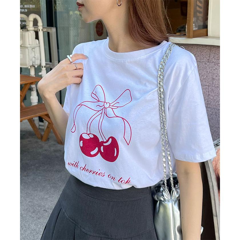 コットン100％ さくらんぼ チェリー  Tシャツ ぴったり 可愛い TEE シンプル 半袖  レディース  夏 春  / さくらんぼリボンロゴTシャツ｜futier-land｜18