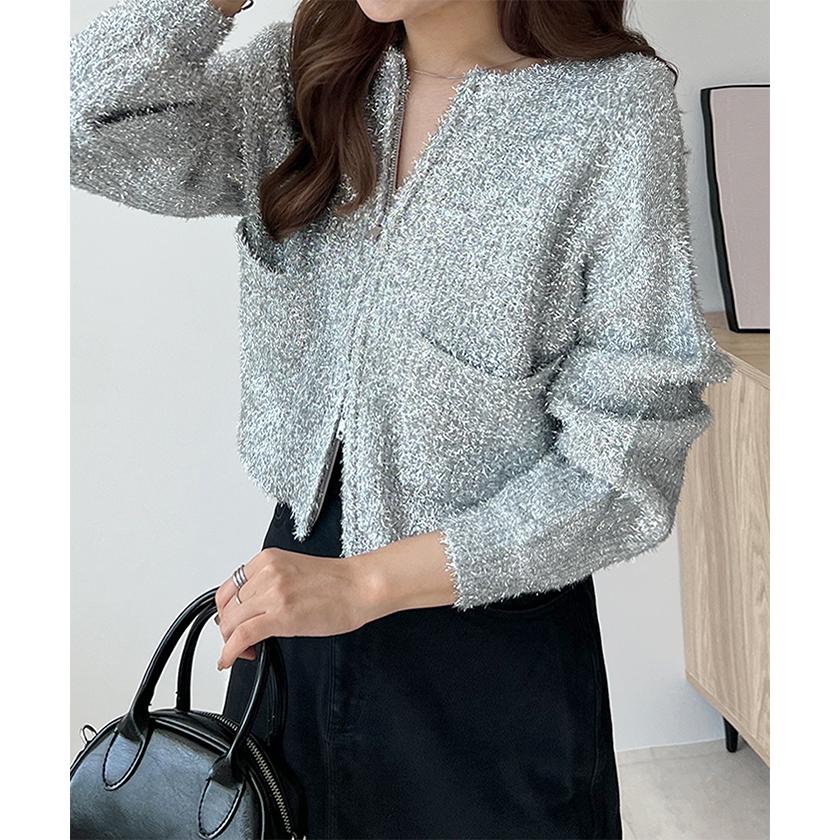 Herno シルバー ジップアップカーディガン　キラキラ セール】〈手洗い可能〉ラメ ニット 配色 カーディガン（カーディガン