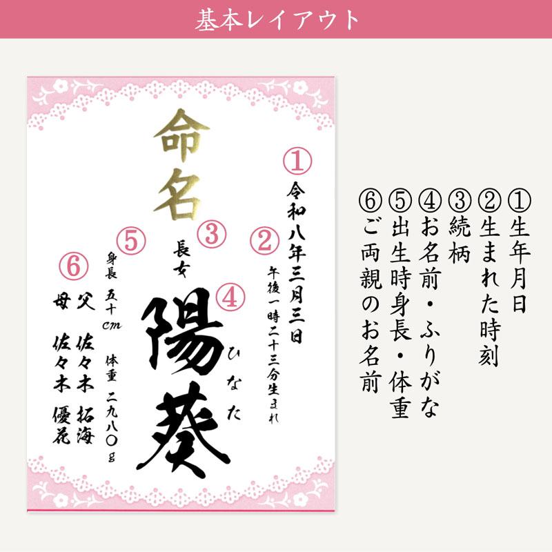 命名書 オーダーメイド ピンク レース 女の子 命名紙 代筆 風 A4
