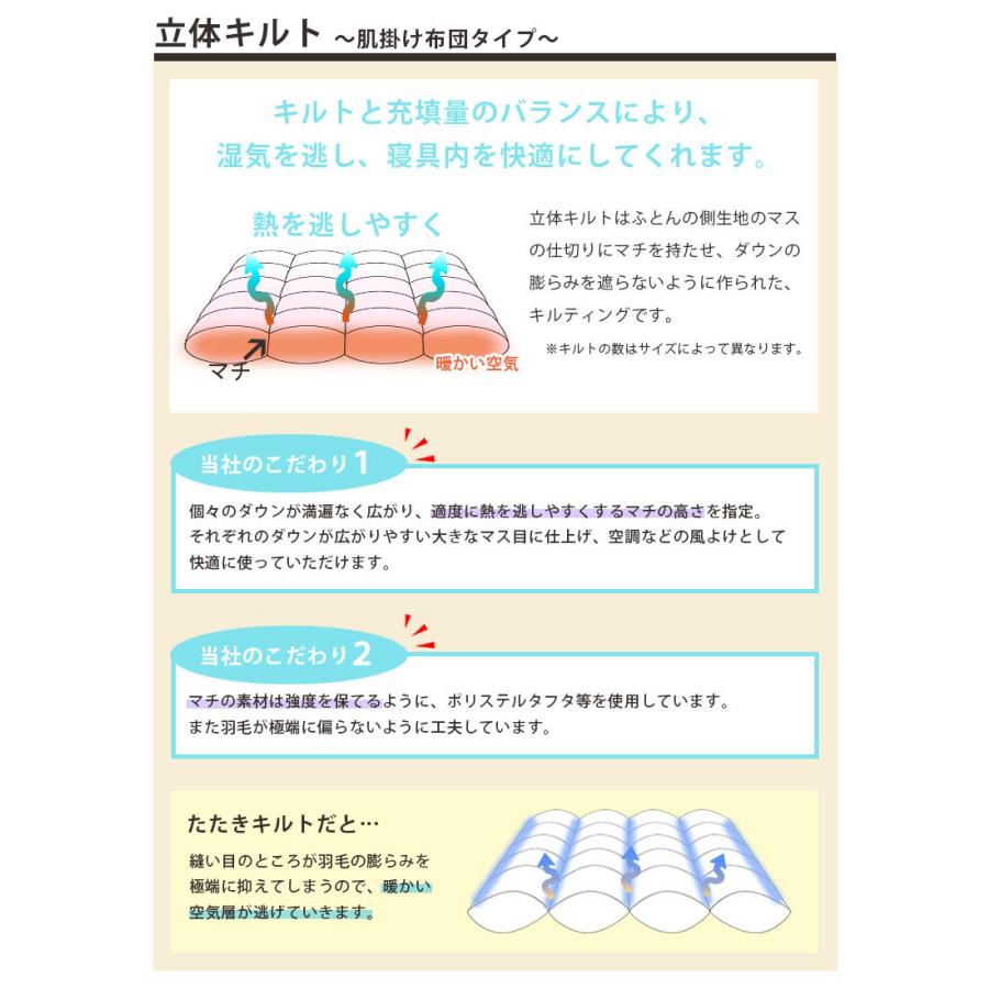 羽毛布団 夏用 羽毛肌布団 ダウン93% シングル 150×210 立体キルト 80サテン 超長綿 綿100％ タキリビング いつきのふとん 555シリーズ_9