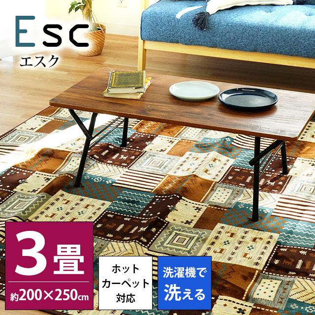 洗えるラグ 暖かい 3畳 200×250cm ホットカーペット対応 エスニック風