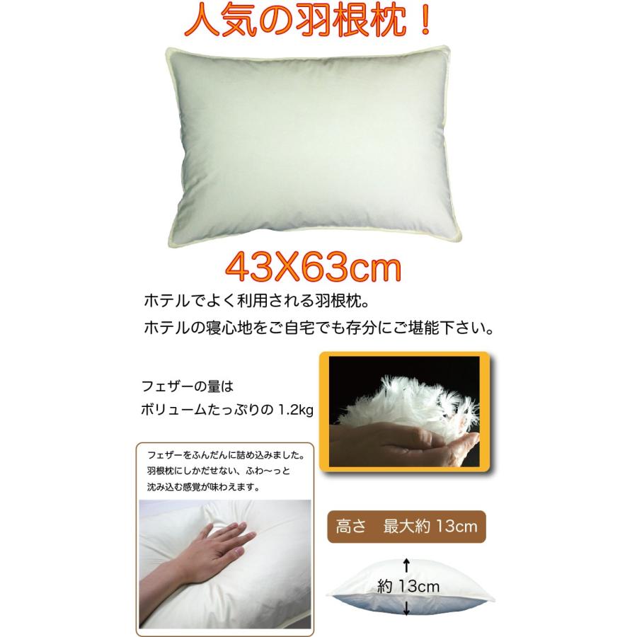 ホテルで良く使われる 羽根枕 羽枕 はね枕 43x63cm フェザー ホテルで良く使われる 羽根枕 羽枕 はね枕 43x63cm フェザー