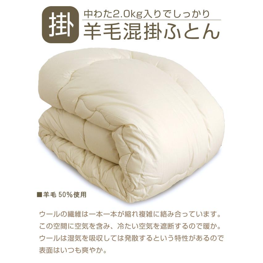 布団6点セット シングル 羊毛混掛布団・羊毛混三層敷布団・枕・無地の