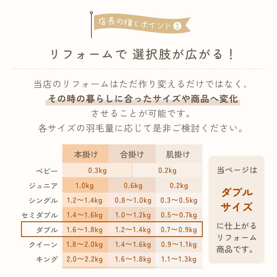 羽毛布団 打ち直し リフォーム シングル2枚→ダブル サイズ変更 足し羽毛サービス 綿100%  日本製 | ふとんのお店 | 02