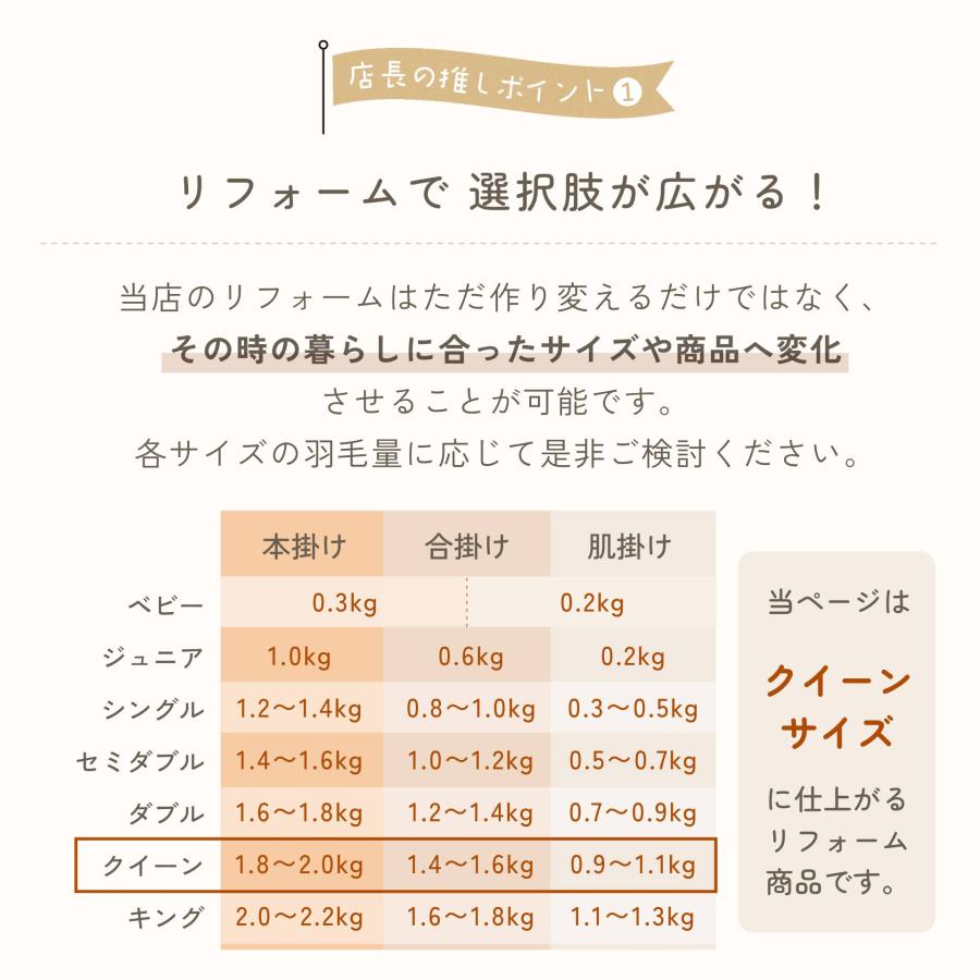 ふとんのお店 羽毛布団 打ち直し リフォーム シングル2枚→クイーン