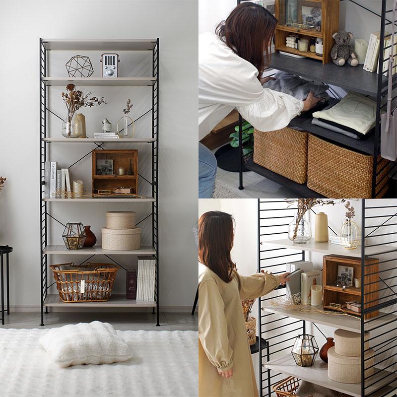 スチールラック　ワイエムワールド ワイエムワールド 6段 スチールラック 木目 木製棚板 キッチン 黒 収納