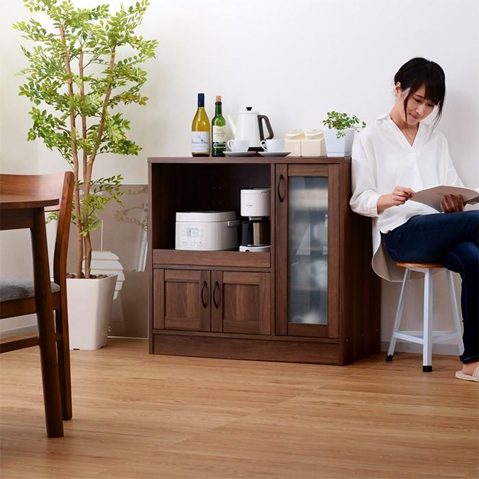 ワイエムワールド 食器棚 レンジ台付き ガラス扉付き おしゃれ 90 北欧